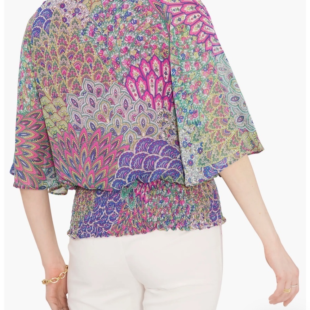 Chaus Women’s Sz M Blouse Dolman Sleeve Smocked Waist Vibrant Airy Stretch Waist - Picture 4 of 8